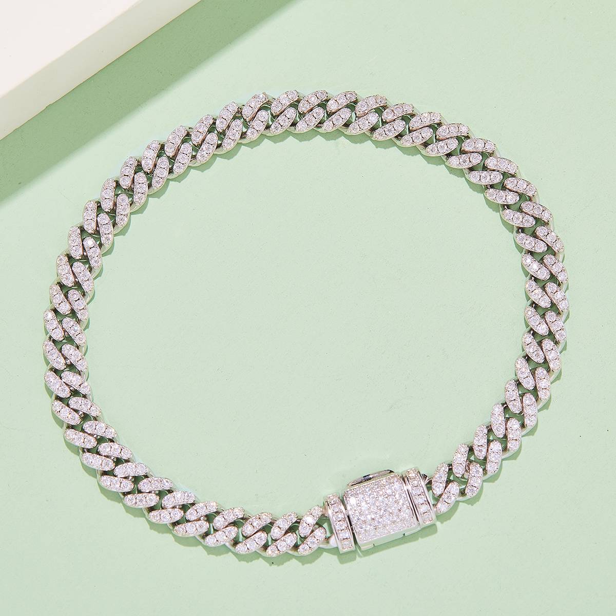 8mm wide Cuban chain S925 silver inlaid Moissanite round white DVVS